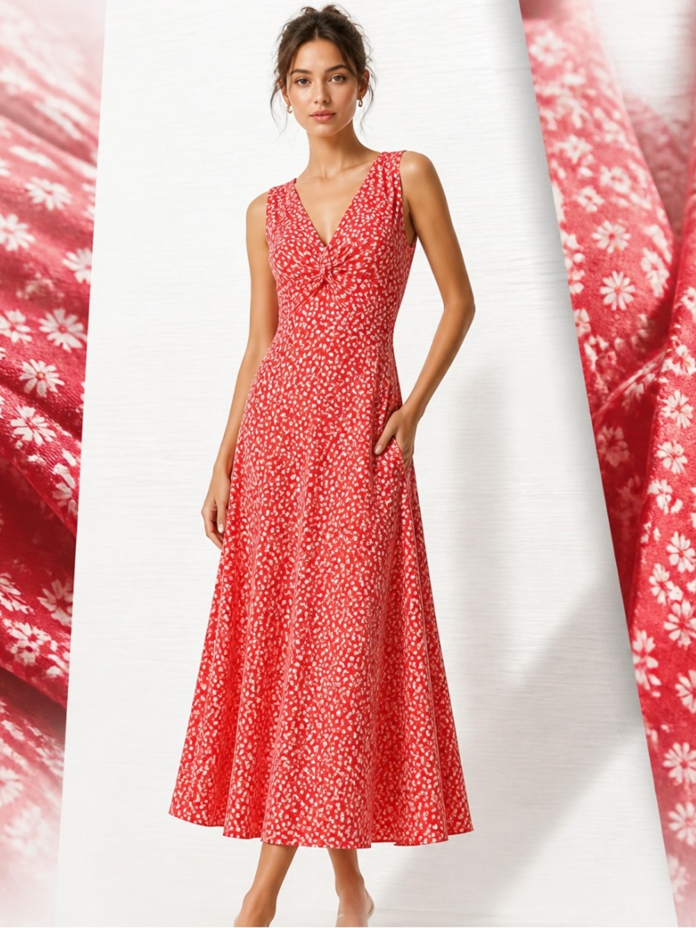 REBECCA TAYLOR Dress Malia Twist Midi Sleeveless Silk Pink Orange Stars 4